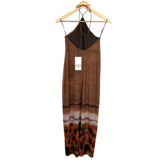 Zara Tulle Blogger's fav Halter Brown & Orange Maxi Dress sz S - Picture 5 of 11